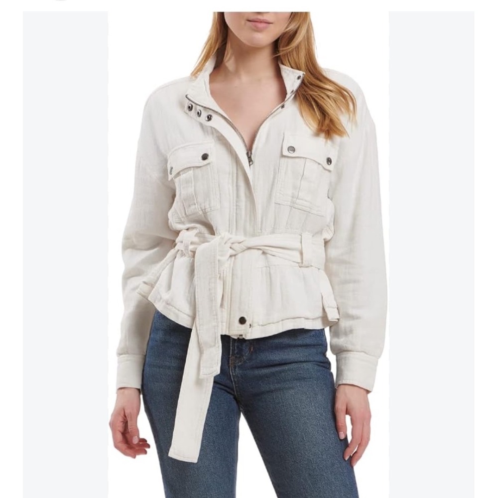 Nine West Womens Cream Utility Peplum Jacket Belted Cargo Mock Neck Large NWOT